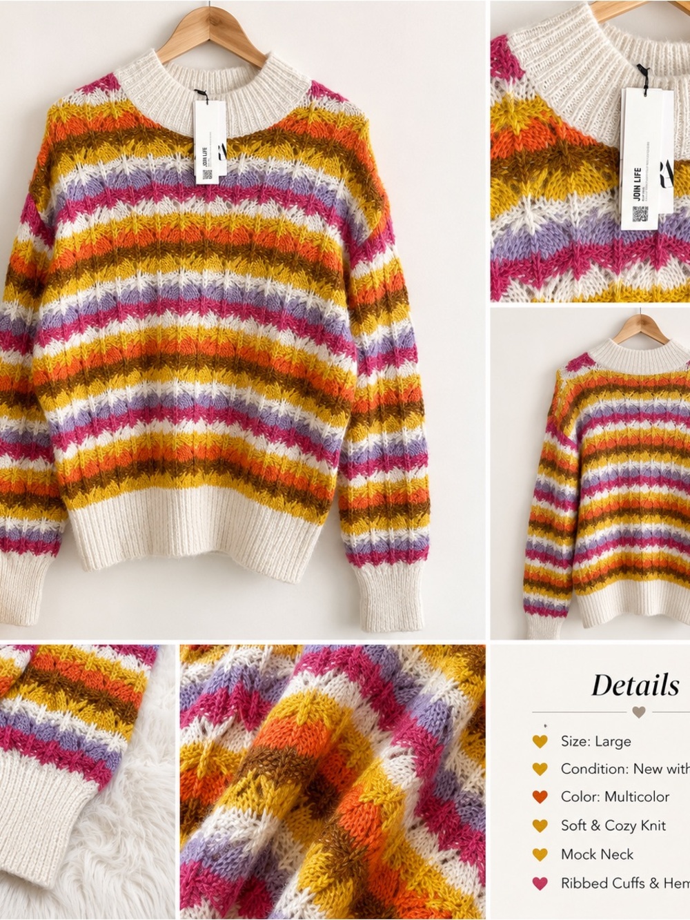 Zara Multicolor Striped Knit Sweater with Cream Trim